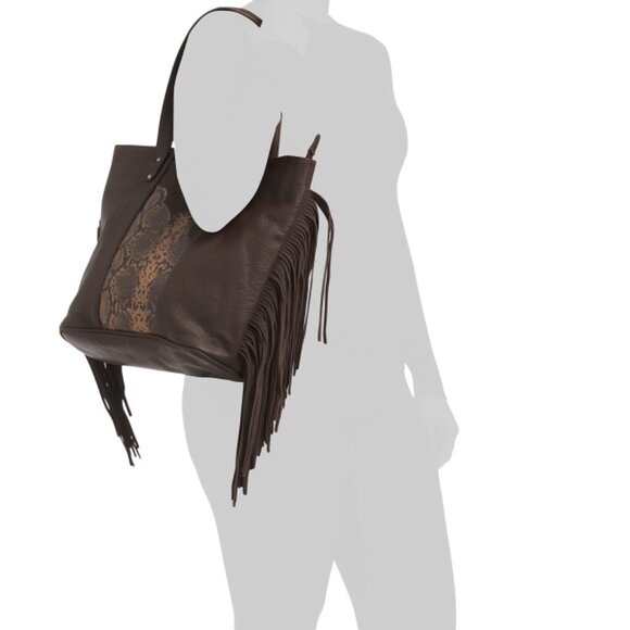 AMERICAN BISON Brown Leather Fringe Tote With Snake Embellishment - Picture 2 of 2